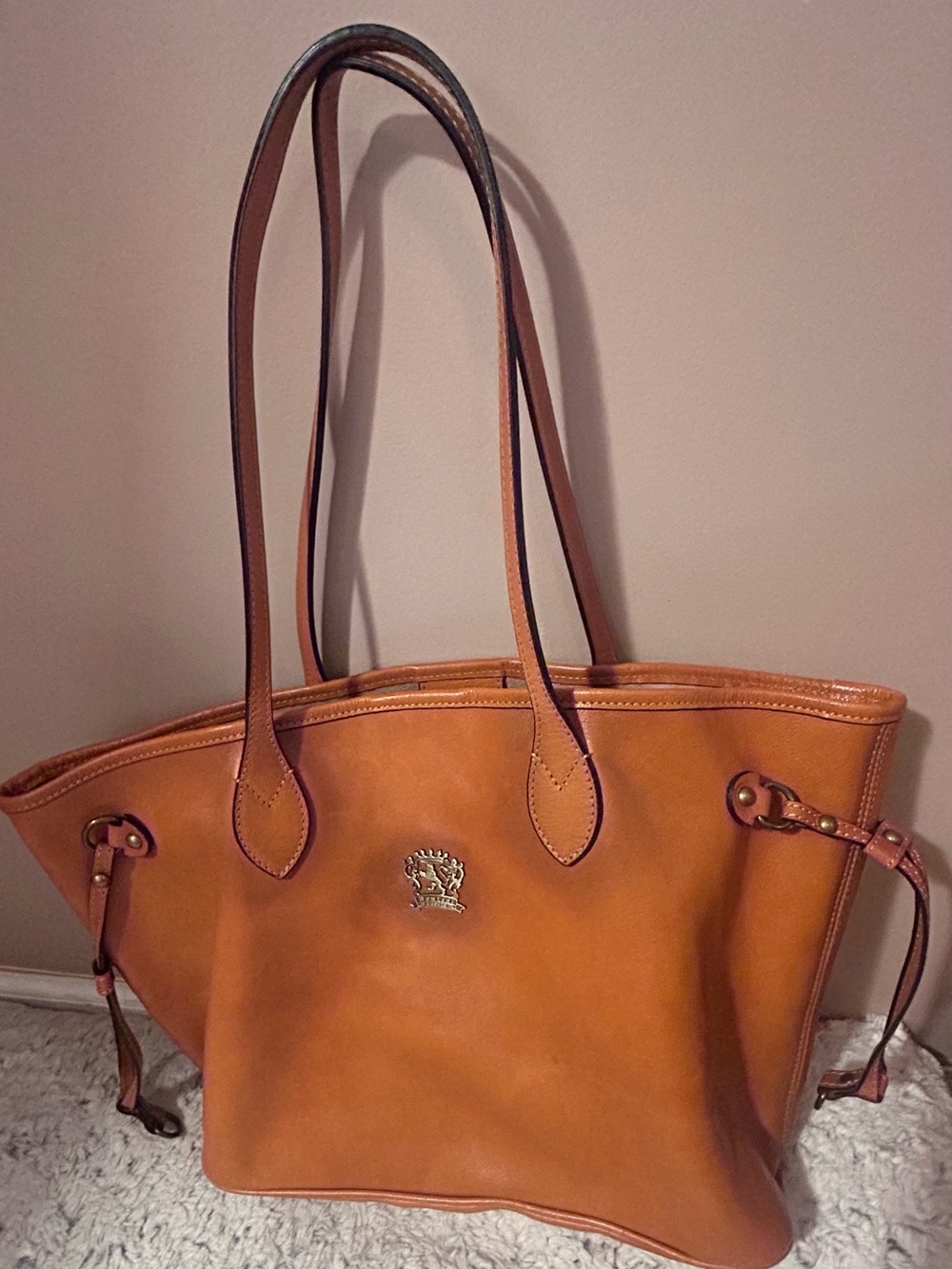 Pratesi Vetulonia Cognac Leather Shoulder Bag Tote Italy